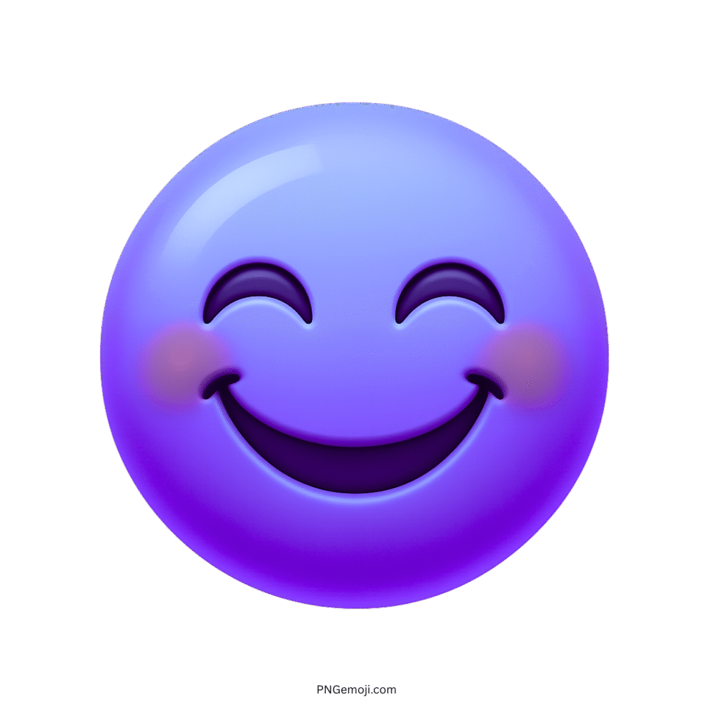 3D purple emoji with big smile and soft blushing cheeks