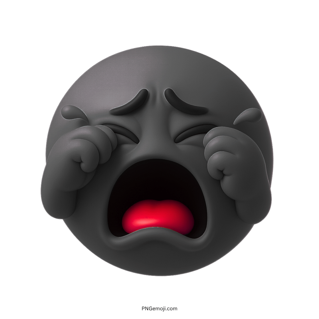3D sad black crying emoji with red mouth and teary expression on dark face
