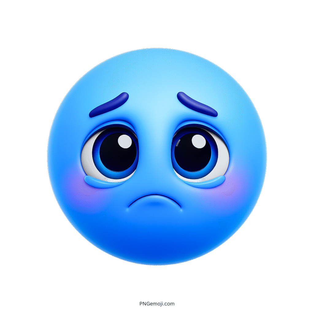 3D sad smiley emoji with blue face, big teary eyes and sorrowful expression