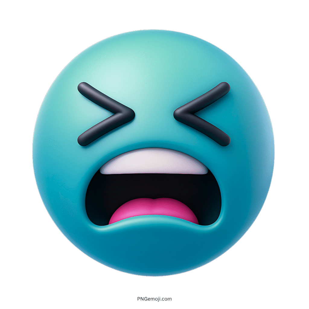 3D tired blue emoji with closed eyes and open mouth showing exhausted expression