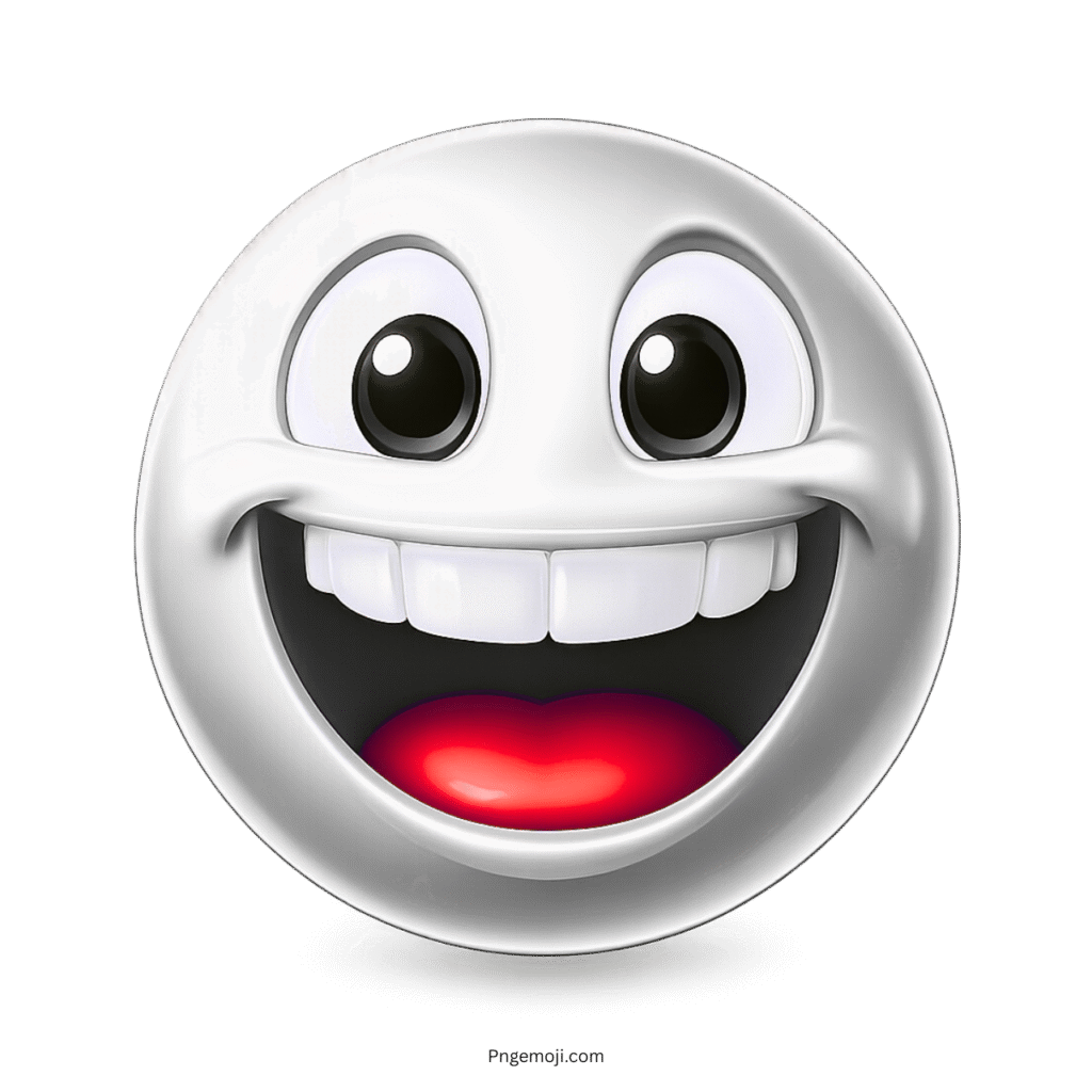 3D white happy emoji with wide toothy grin and cartoon-style facial expression