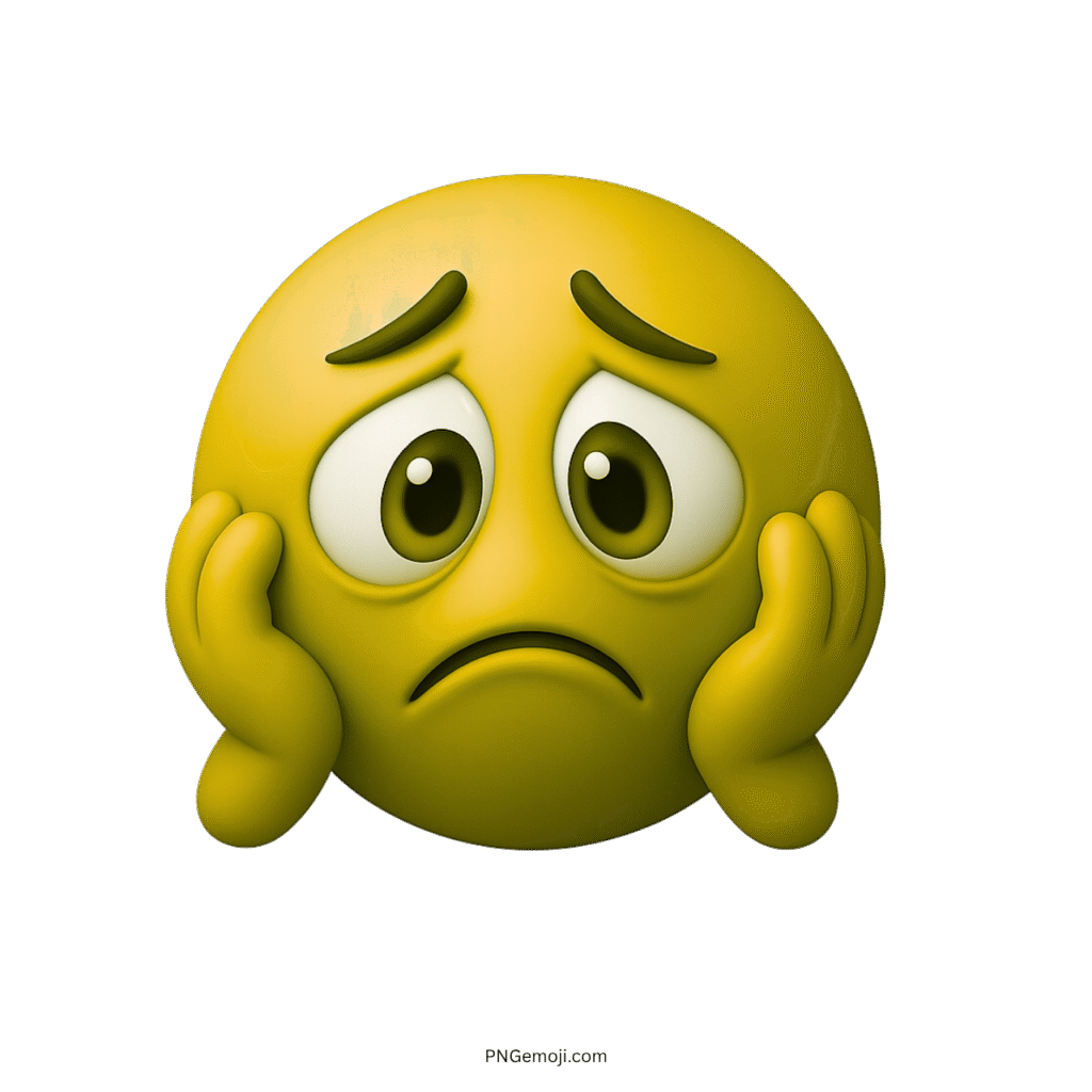 3D yellow worried emoji face with anxious eyes and hands on cheeks