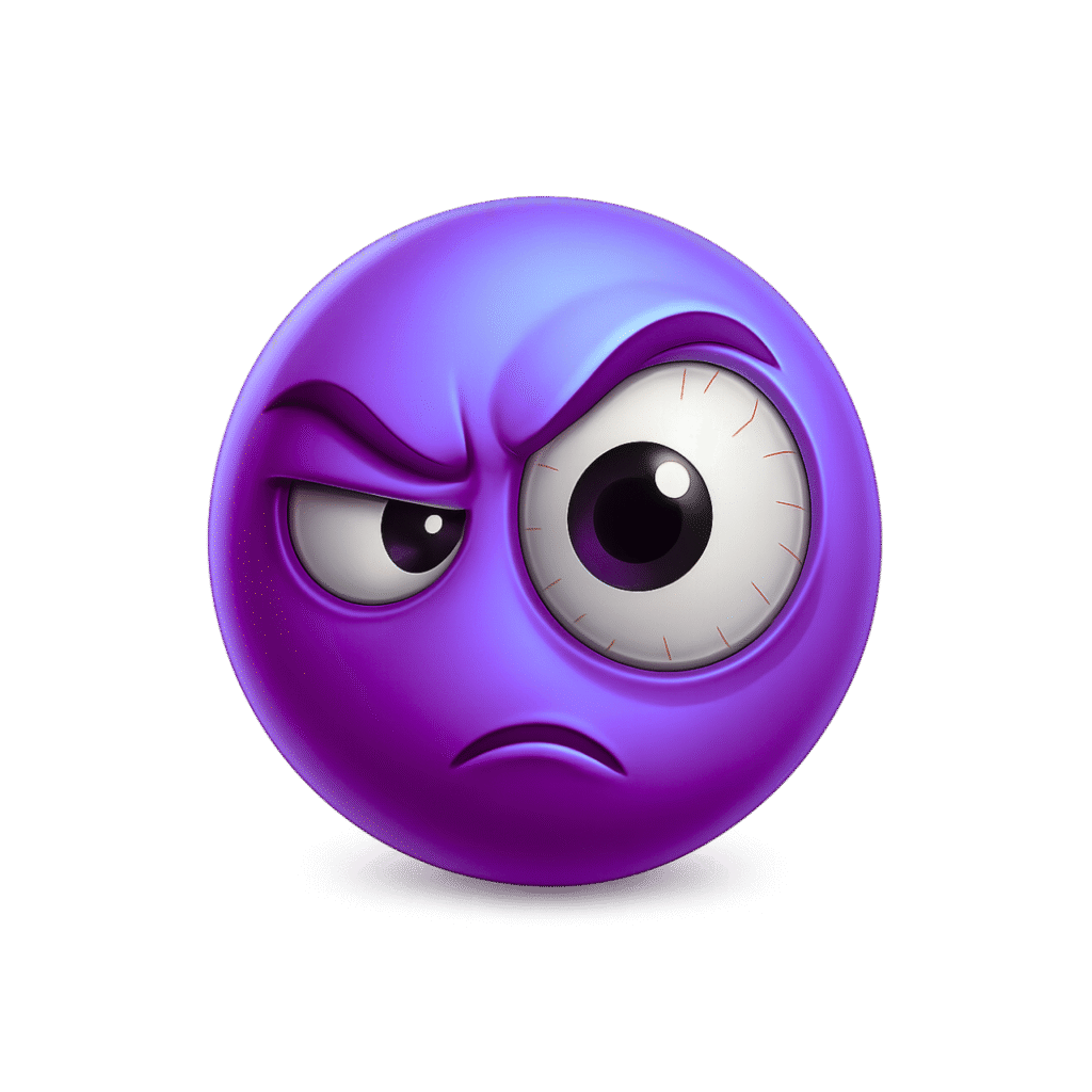 3D Purple Suspicious Emoji with One Enlarged Eye and Angry Expression &ndash; Transparent Background HD PNG ClipArt