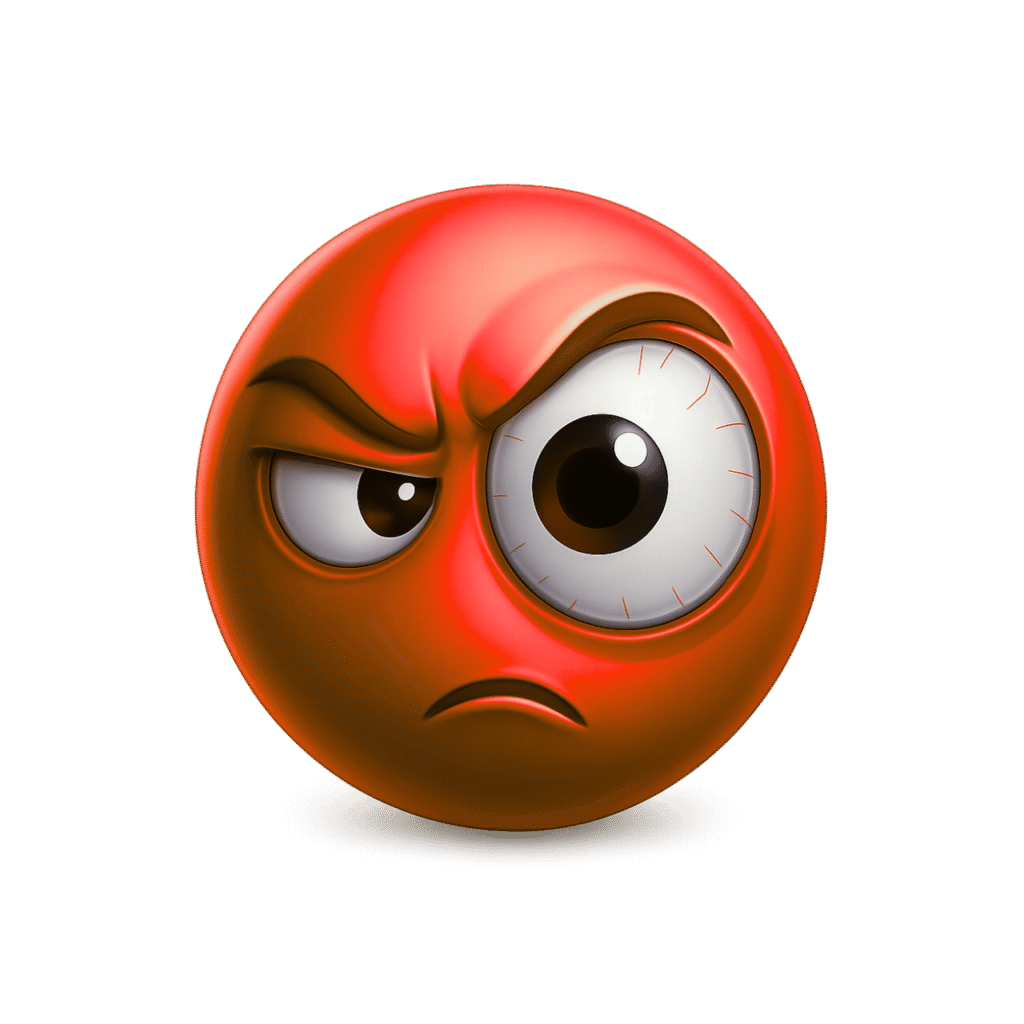 3D Suspicious Emoji with Enlarged Eye and Angry Expression &ndash; Transparent Background Red Glossy Face