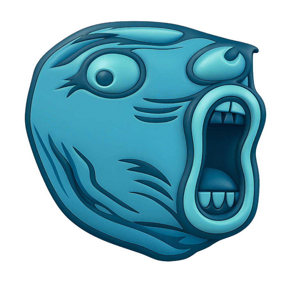 Aqua Blue Troll Face Meme &ndash; Yelling Reaction Emoji PNG with Transparent Background