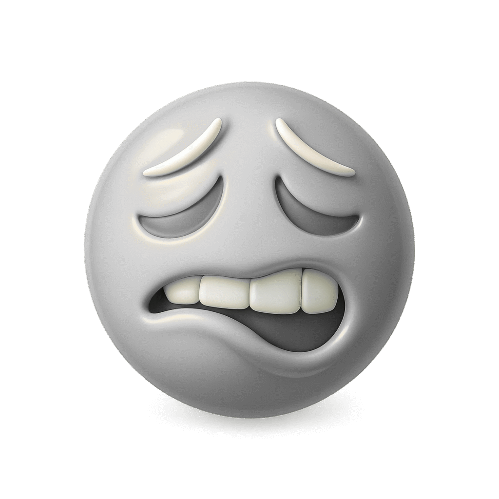 Biting lip emoji on a grey background, expressing anxiety, nervousness, or embarrassment.