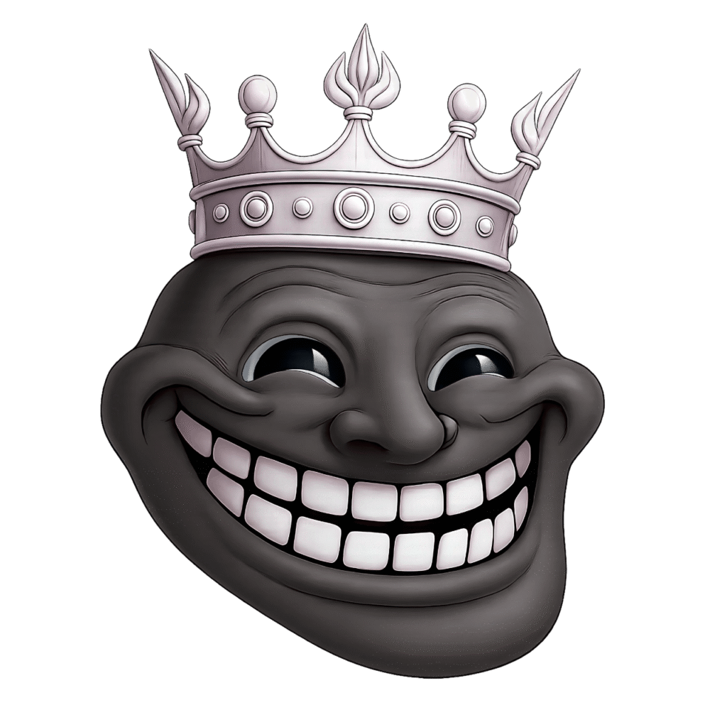 Black troll face emoji wearing a shiny silver crown, 3D meme style on transparent background