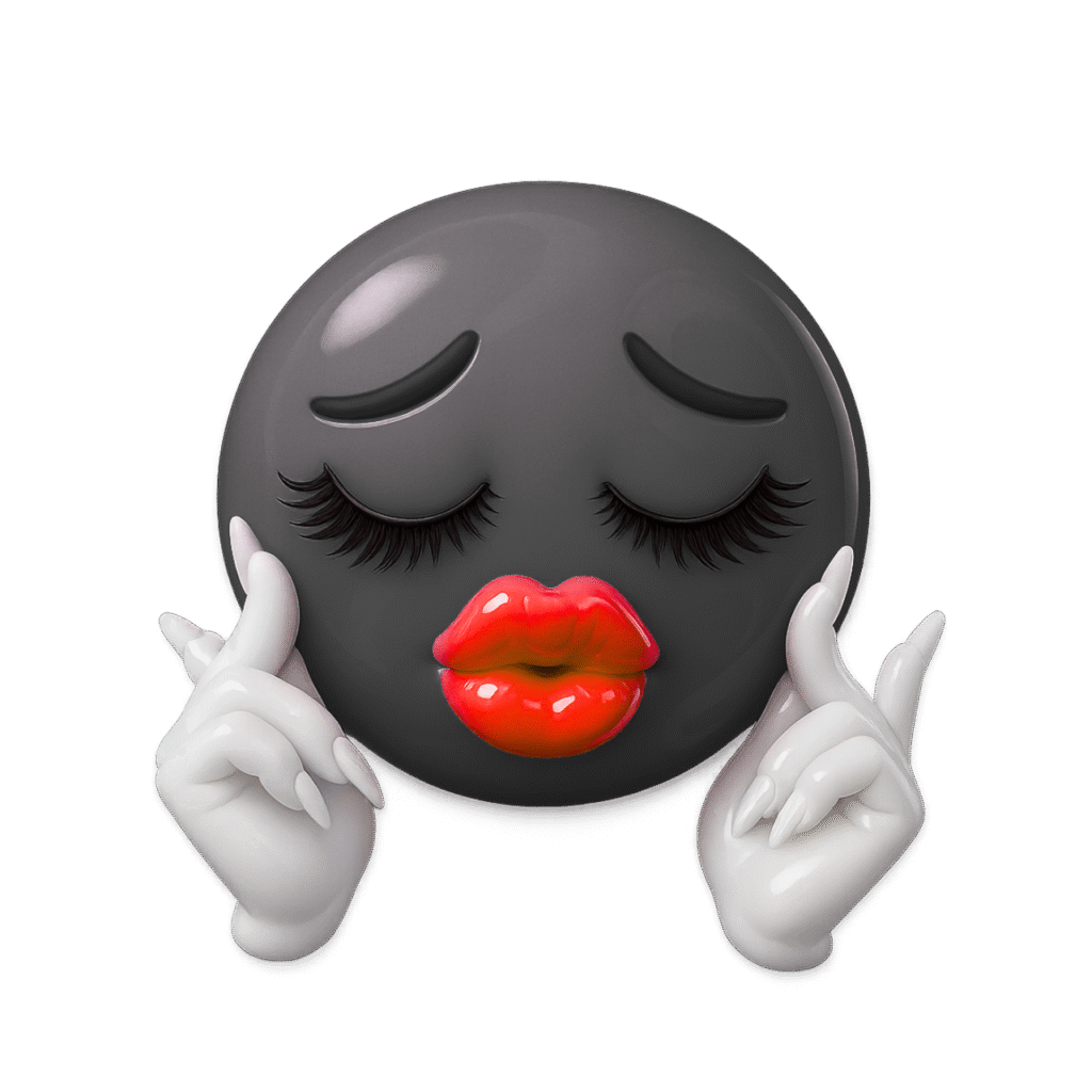 3D black sassy emoji with closed eyes, dramatic lashes, red kiss lips, and white acrylic-nailed hands on transparent background