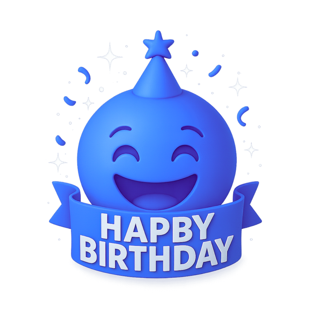 3D blue happy birthday emoji with party hat, confetti, and white text on ribbon