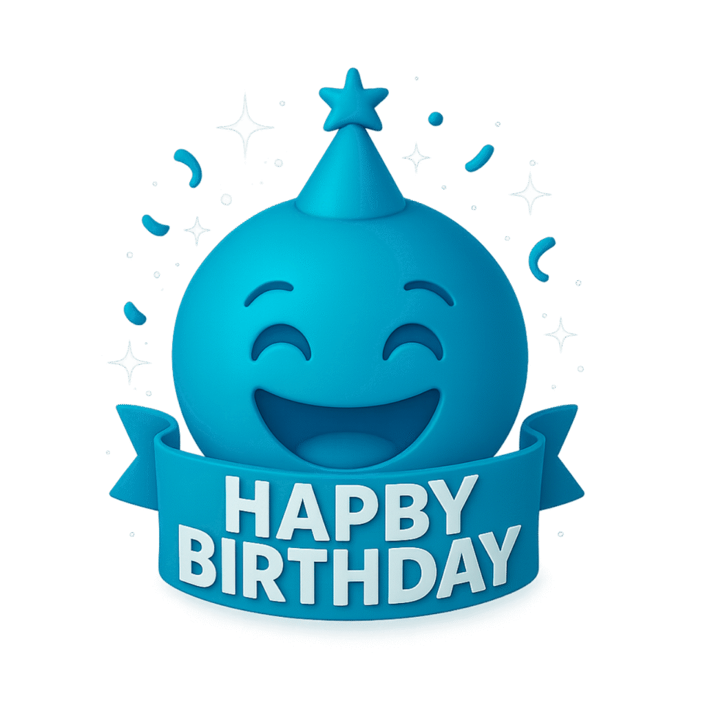Vibrant blue 3D birthday emoji with party hat, smiling face, festive ribbon reading &ldquo;Happy Birthday,&rdquo; and sparkles around