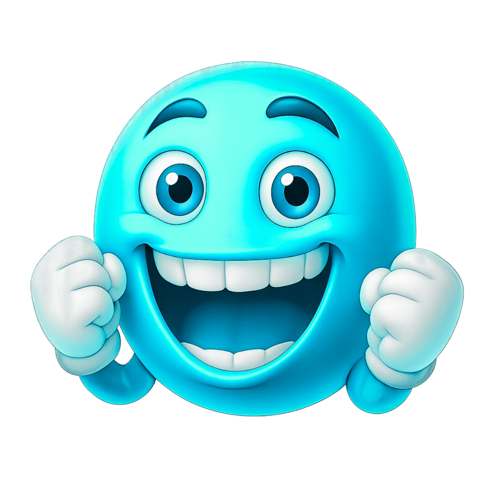 Light Blue 3D Happy Emoji with Big Smile and Raised Fists &ndash; Transparent PNG Image