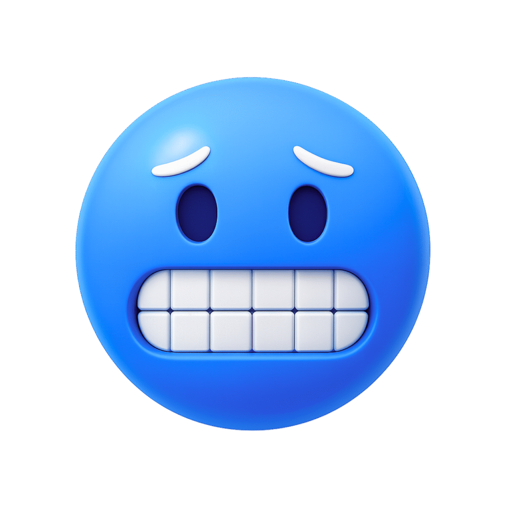 3D Blue Cringe Emoji with clenched teeth, dark oval eyes, and raised white brows showing awkward nervous expression