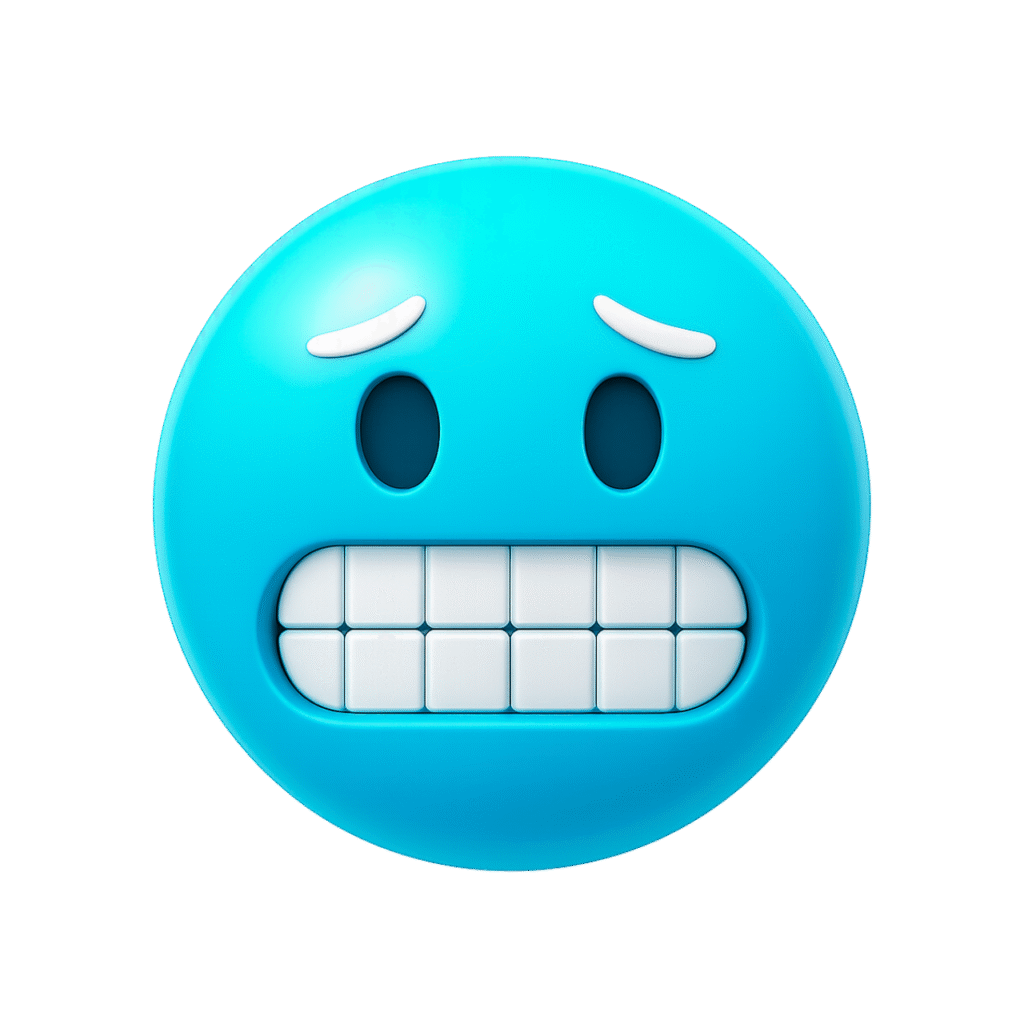 3D blue cringe emoji with clenched white teeth and raised white eyebrows expressing nervous tension or awkwardness.