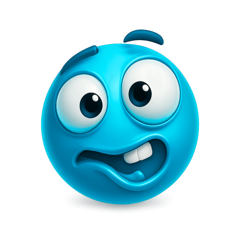 3D blue goofy ahh emoji with bulging cartoon eyes, confused expression, open mouth and crazy look &ndash; transparent PNG for fun meme use.