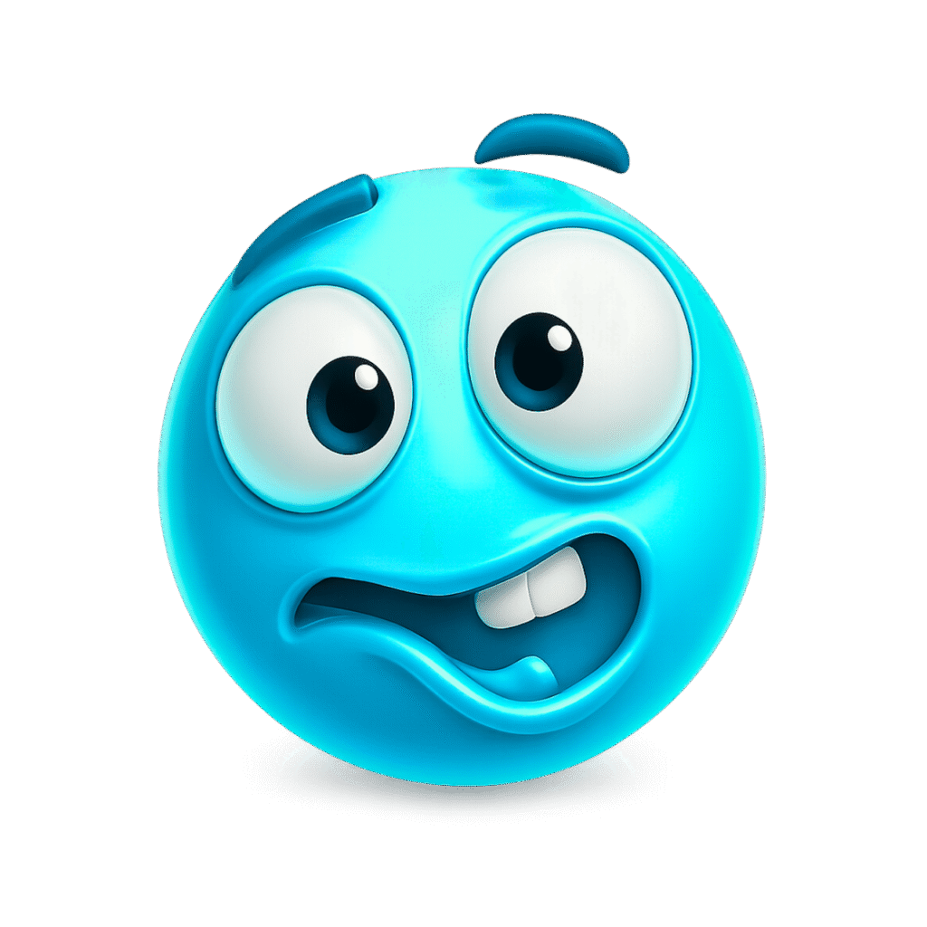 Bright blue 3D goofy ahh emoji with huge cartoon eyes and a twisted awkward smile &ndash; transparent PNG for memes, reactions, and troll edits.