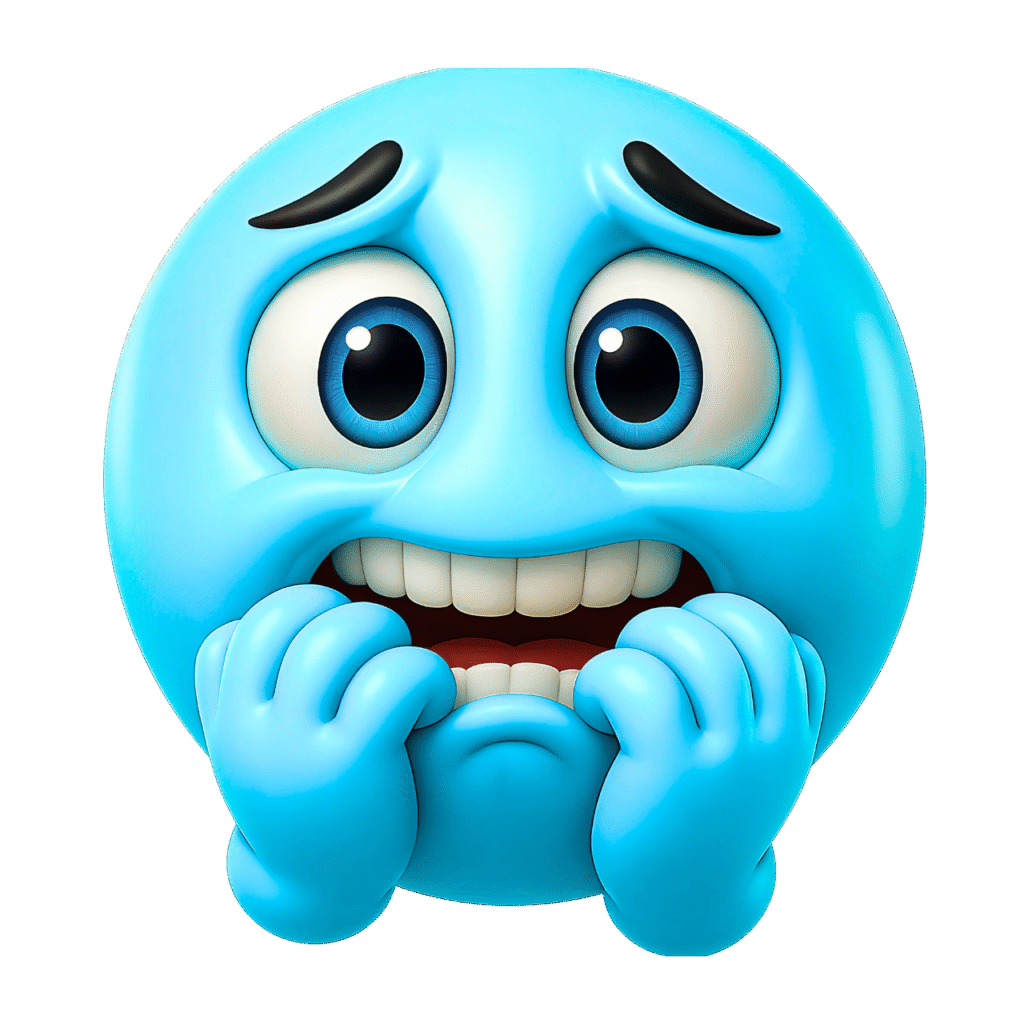Blue emoji with wide eyes, nervous expression, and clenched hands on face &ndash; high-resolution PNG