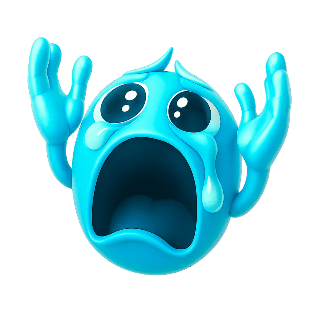 3D blue emoji with teary eyes screaming &ldquo;Nooo!&rdquo; in shock, arms raised, mouth wide open on transparent background