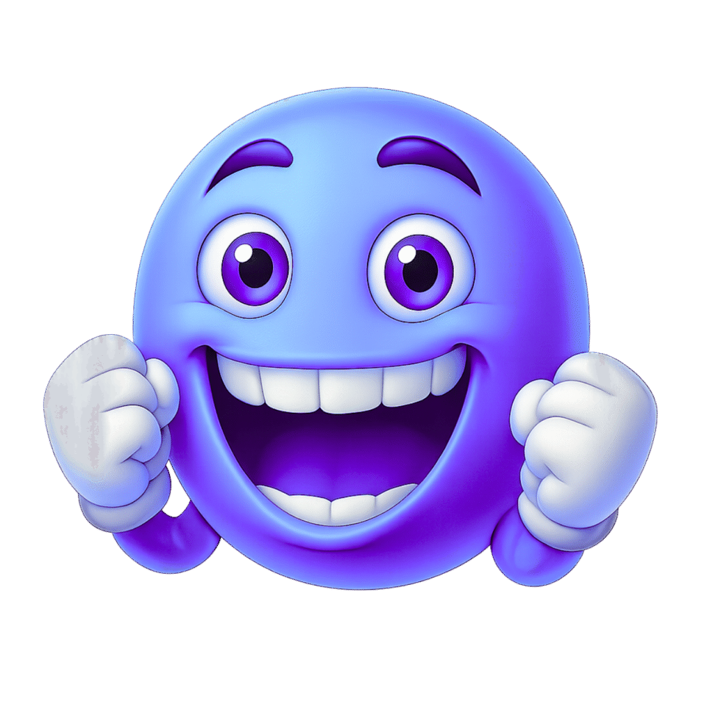 Blue and Purple Gradient Cheering Emoji with Big Smile, White Teeth, and Raised Hands &ndash; Transparent 3D PNG