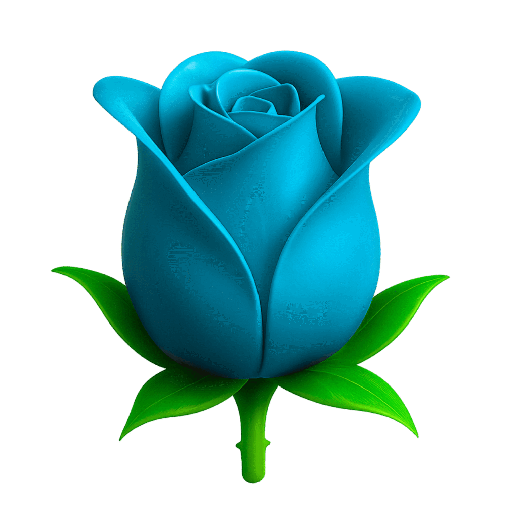3D blue rose emoji with green leaves &ndash; rare digital flower PNG transparent background