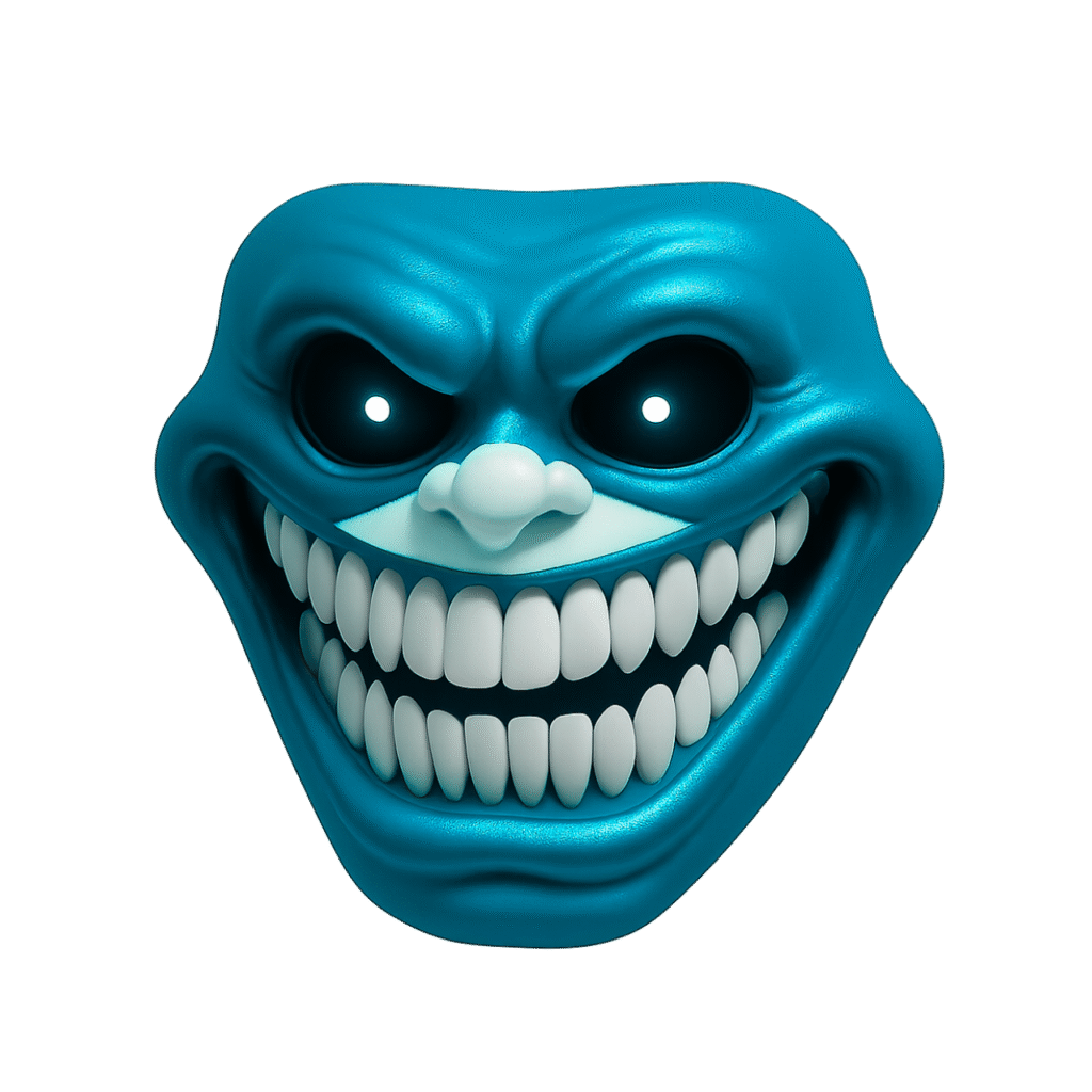 3D blue troll emoji face with creepy glowing eyes and sharp white teeth on transparent background