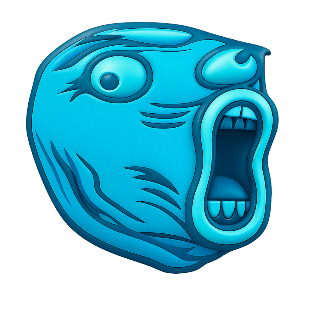 Blue Troll Meme Scream Face &ndash; Funny Reaction Emoji PNG with Transparent Background