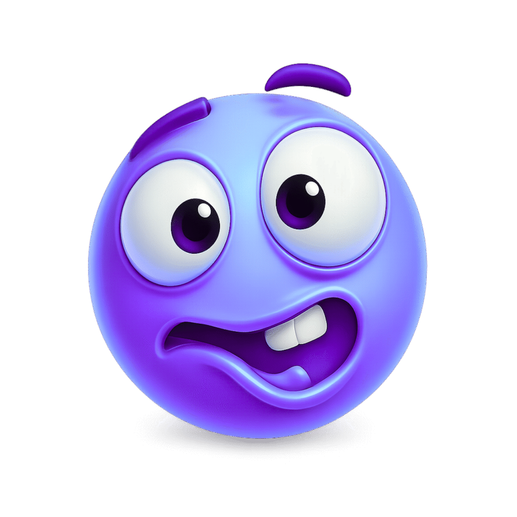 Funny 3D goofy ahh emoji in blue-violet color with weird eyes and twisted mouth &ndash; transparent PNG for memes and online reactions.