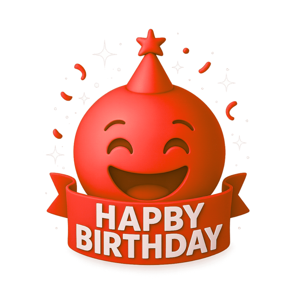 Red 3D happy birthday emoji with star party hat, sparkles, and confetti celebration