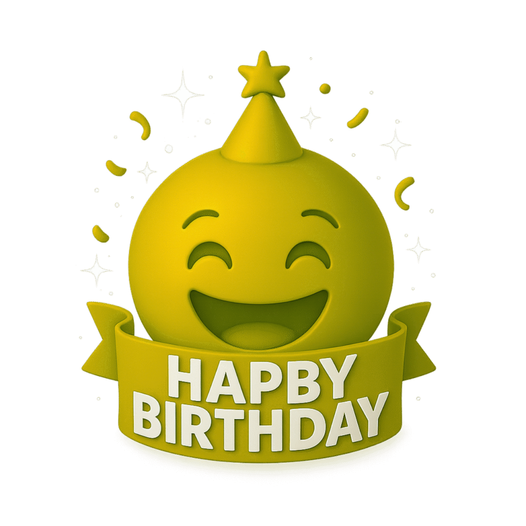 Yellow 3D happy birthday emoji with party hat, white stars, confetti, and ribbon