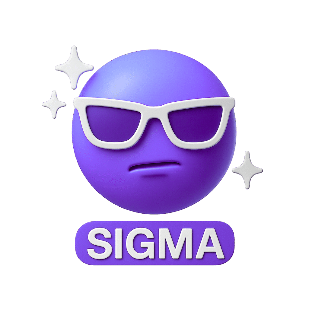3D blue sigma emoji with white sunglasses, confident facial expression, and sparkles, featuring &ldquo;SIGMA&rdquo; text on a transparent background