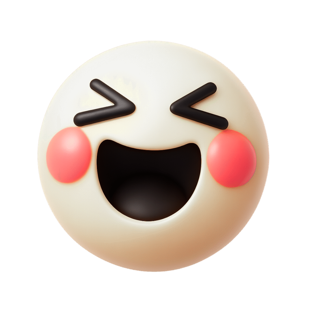 Cute 3D cream white emoji laughing with joy, closed smiling eyes, and red blush cheeks on transparent background