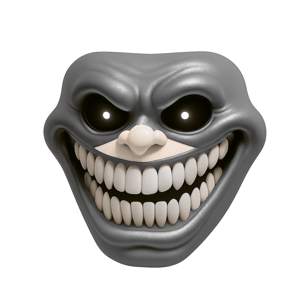Gray 3D troll face emoji with glowing eyes and wide sharp smile on transparent background