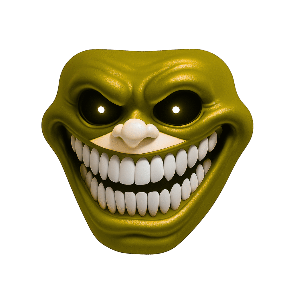 Creepy yellow-green 3D troll face emoji with glowing white eyes and big sharp teeth on transparent background
