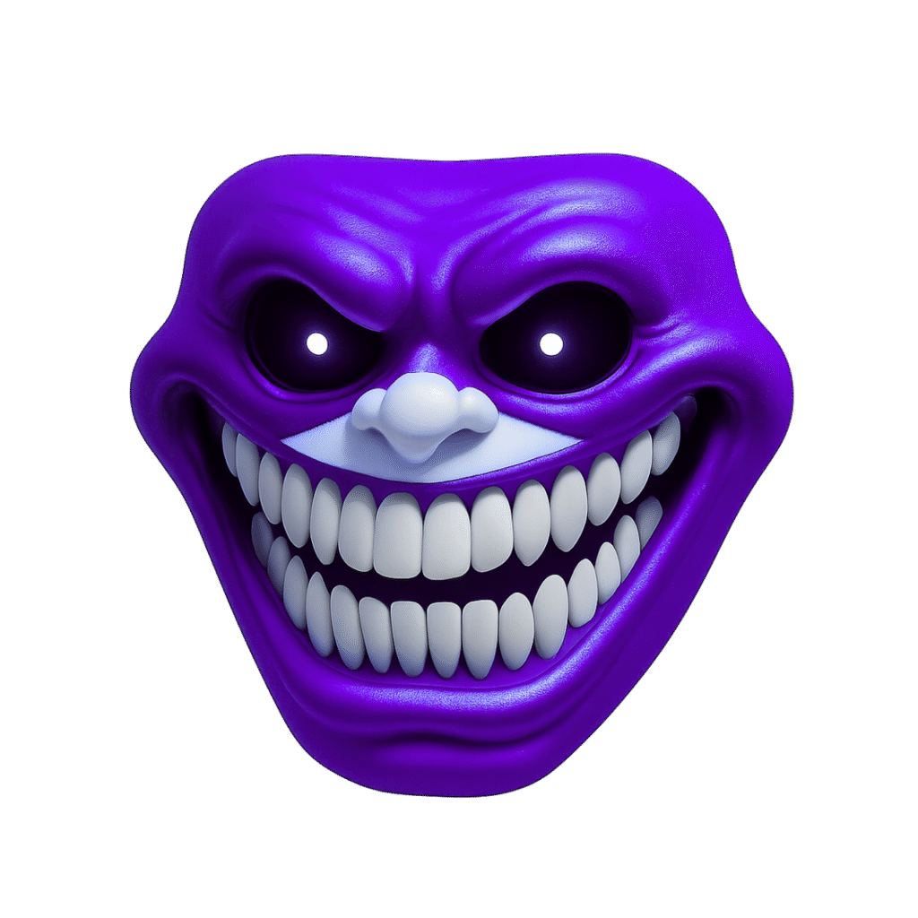 Dark purple creepy troll face emoji with glowing eyes and sharp white teeth on transparent background