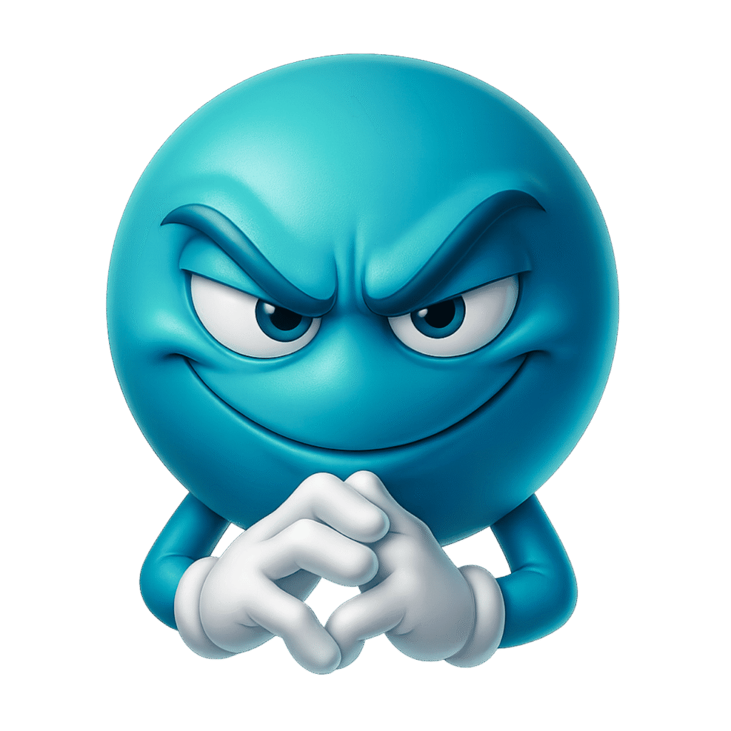Blue 3D emoji with mischievous expression, evil grin, and plotting hand pose &ndash; transparent PNG
