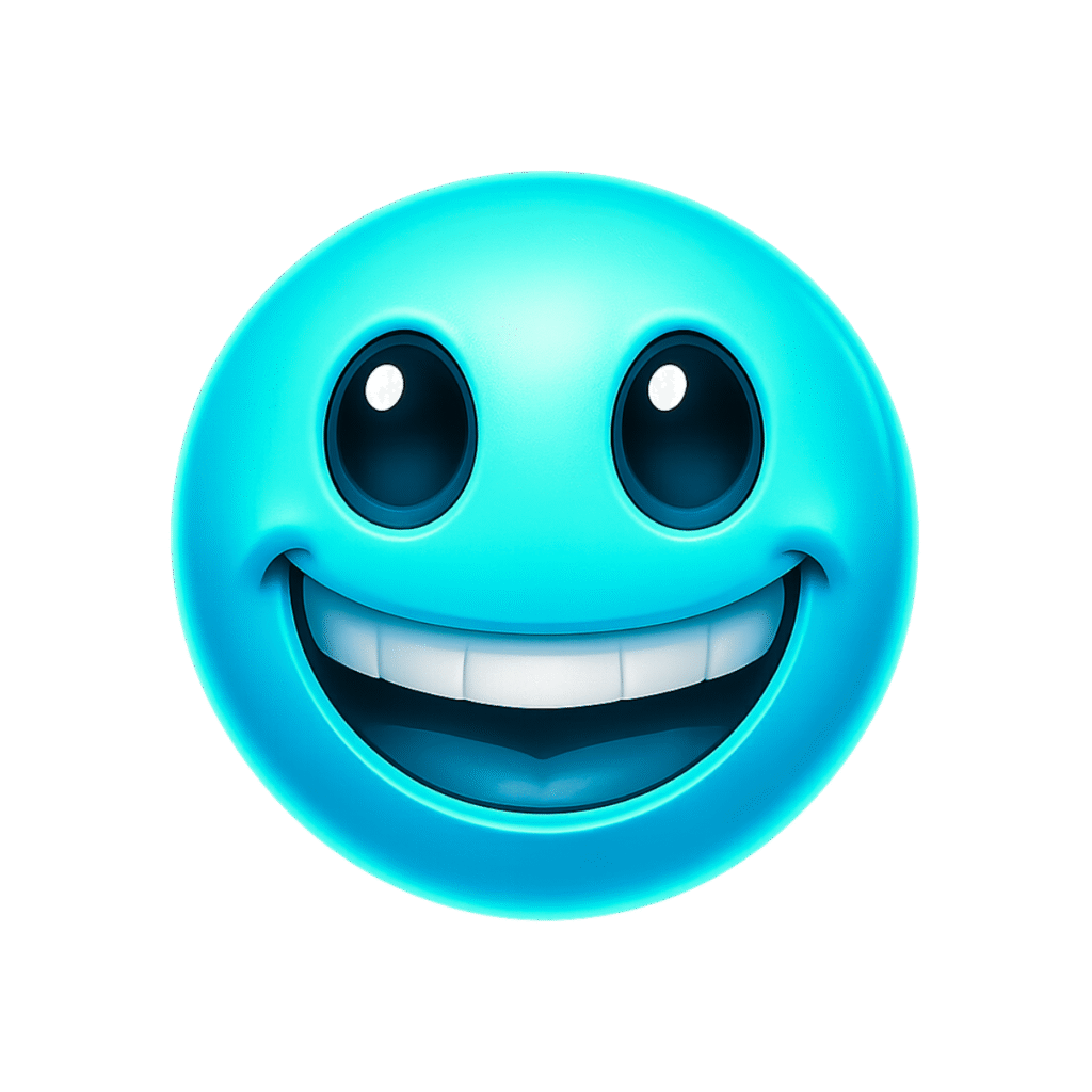 Say hello to the internet&rsquo;s freshest vibe with this bright cyan happy emoji! Crafted in glossy 3D, this cheeky face beams with oversized eyes, a joyful grin, and energetic color. Whether you're designing a meme, spicing up your chat, or adding personality to your post, this emoji brings vibrant positivity to any platform. The transparent background makes it super easy to use anywhere. Add a pop of fun, freshness, and friendliness to your visuals. Download now and let your content smile loud and clear with this electric blue ball of joy!