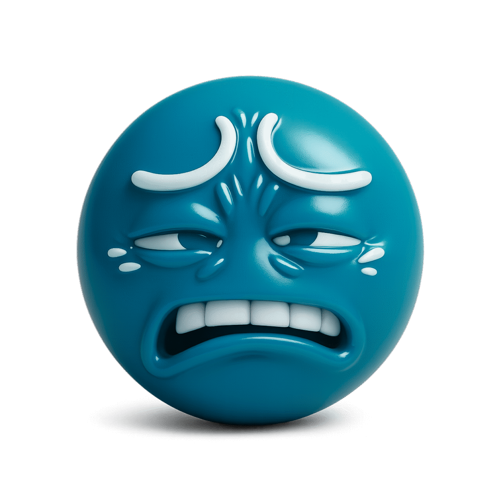 3D blue ew emoji face with disgusted expression, squinted eyes, frown, and sweat drops &ndash; high-resolution cartoon-style emoji on transparent background.