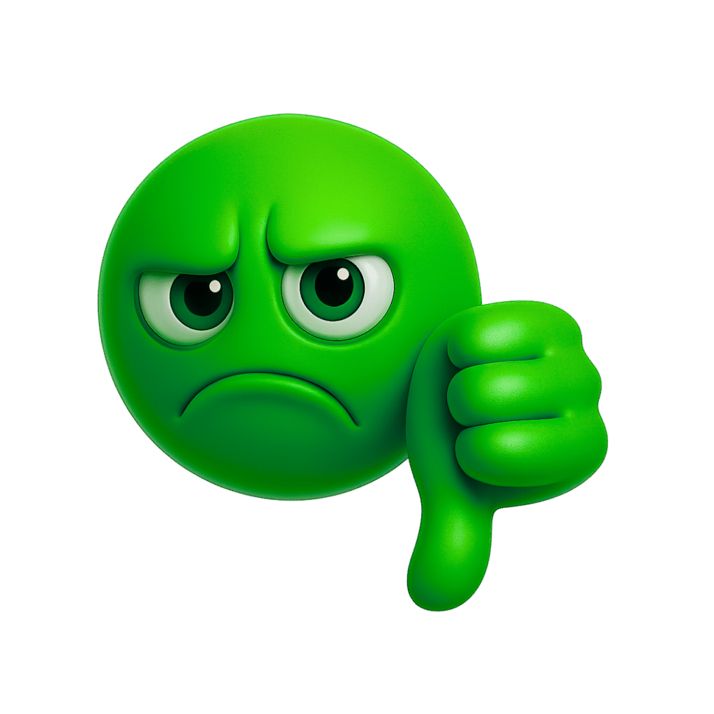 Green 3D emoji showing sad face and thumbs down gesture to express disappointment or disapproval