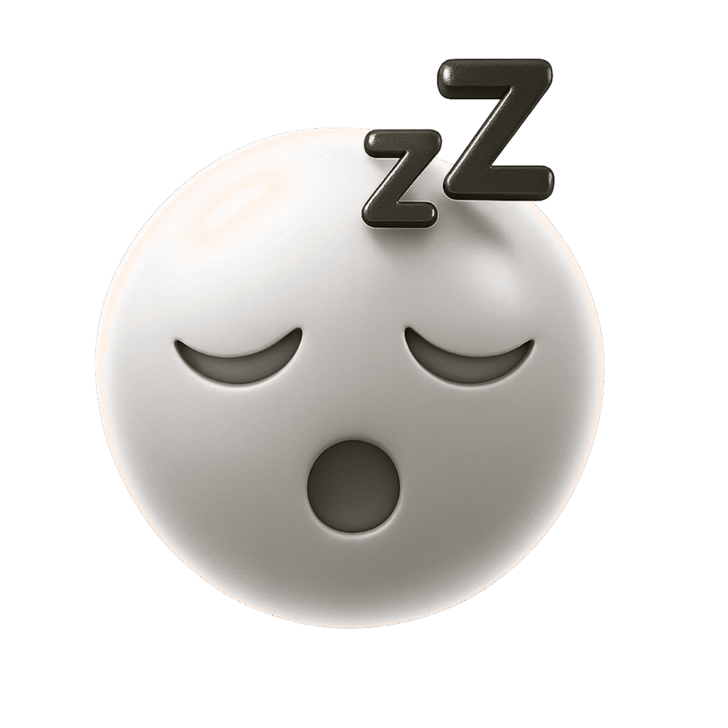 White 3D Sleep Emoji with Closed Eyes, Yawning Mouth, and Zzz Mark &ndash; Transparent PNG Background