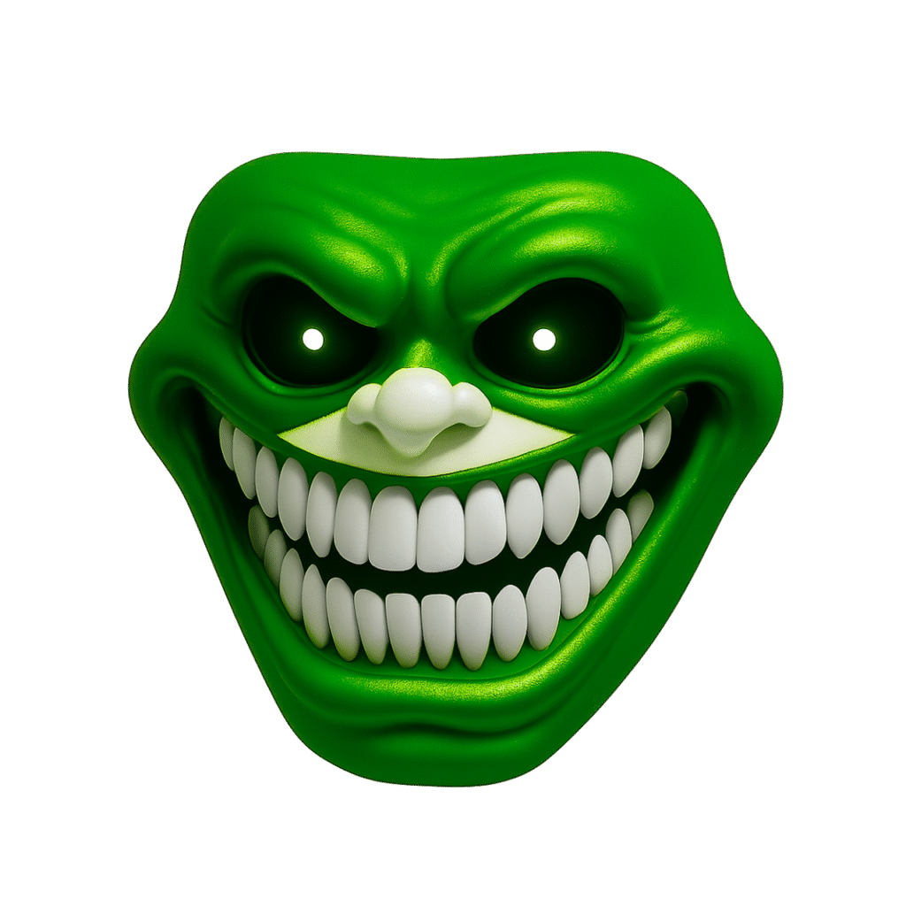 Scary green 3D troll face emoji with glowing eyes and big white teeth on transparent background