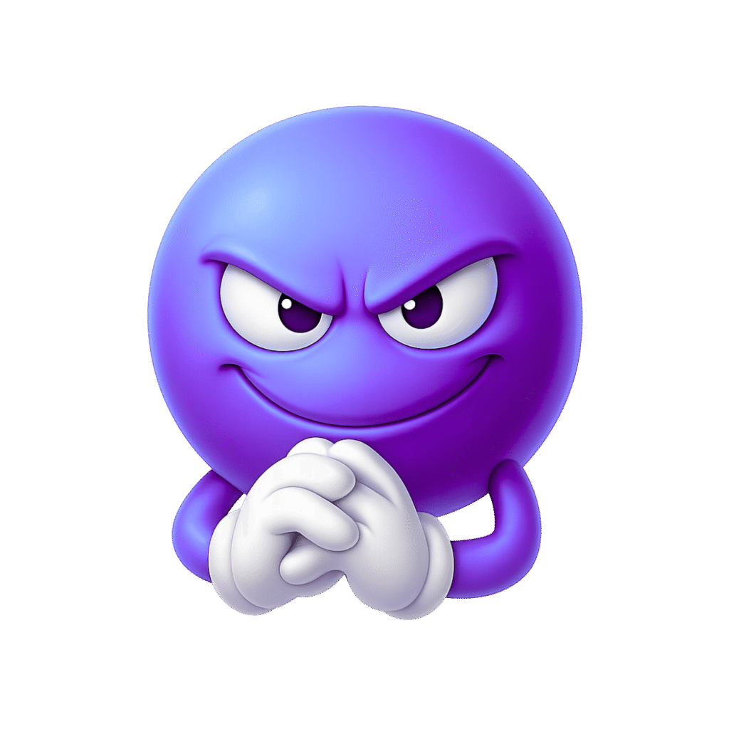 3D blue-purple mischievous emoji with scheming eyes and clasped hands on transparent background