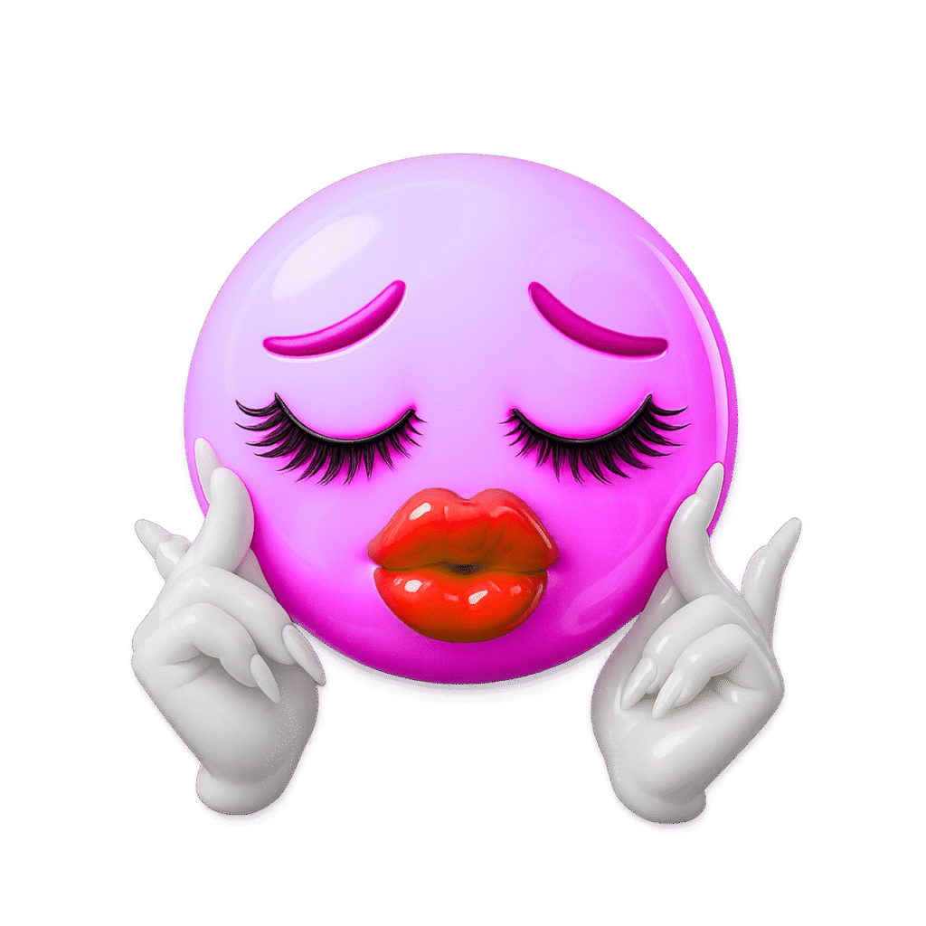 Pink sassy emoji with red pouty lips, long lashes, and stylish white-gloved fingers