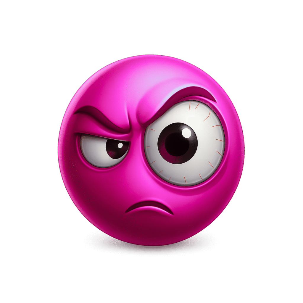 3D Pink Suspicious Emoji with Enlarged Eye and Angry Facial Expression &ndash; Transparent Background HD PNG ClipArt