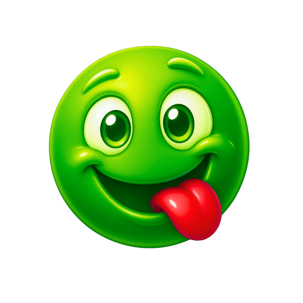 3D Green Yum Emoji with Red Tongue and Glossy Eyes &ndash; Transparent Background