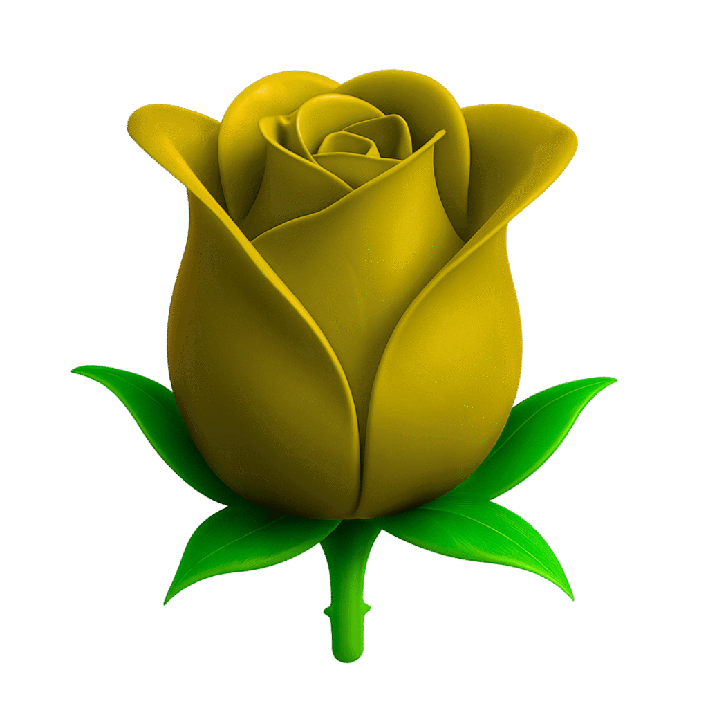 3D yellow rose emoji with green leaves on transparent background &ndash; PNG clipart