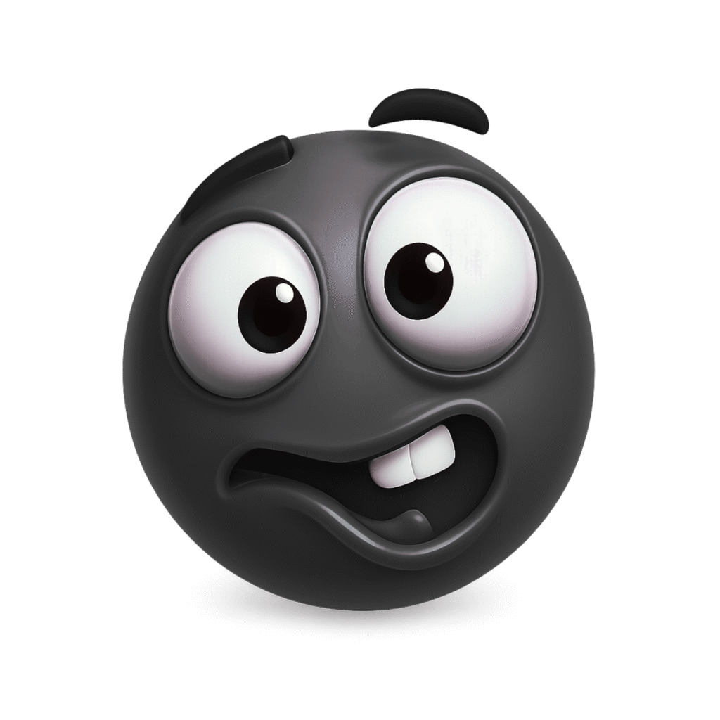 Goofy Ahh 3D black emoji with big cartoon eyes and silly crooked smile &ndash; transparent PNG for memes, reactions, and fun designs.
