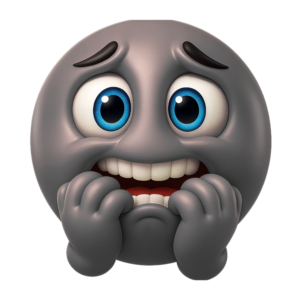 Gray anxious emoji with wide eyes and nail-biting hands showing fear or panic &ndash; transparent PNG ClipArt