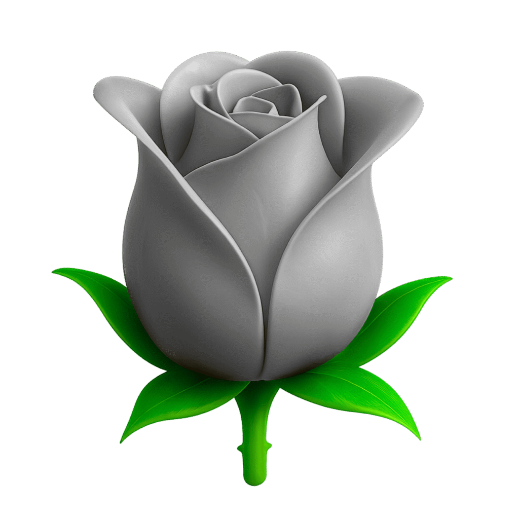 3D gray rose emoji with green stem and leaves &ndash; grayscale flower illustration on transparent background