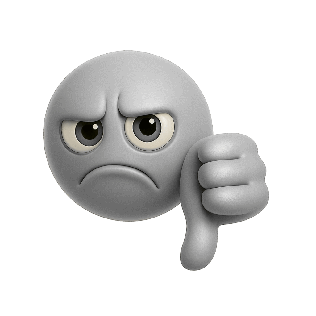 Gray 3D emoji showing a sad face and thumbs down gesture, expressing disapproval or negativity