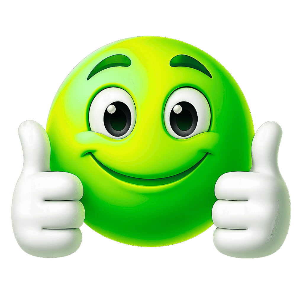 3D green smiley emoji character with white hands giving double thumbs up, glossy finish, and big eyes on transparent background