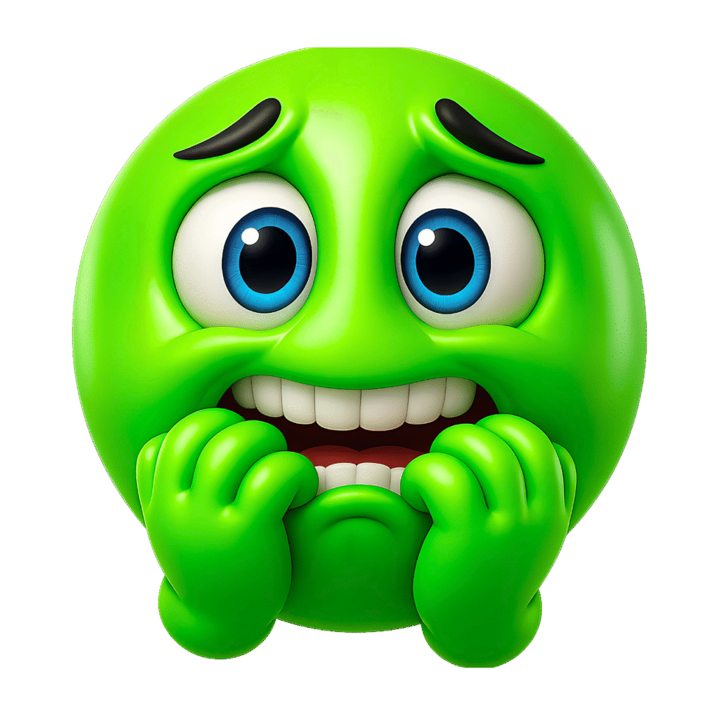 Green emoji with wide blue eyes, clenched hands, and anxious expression &ndash; high-quality transparent PNG ClipArt